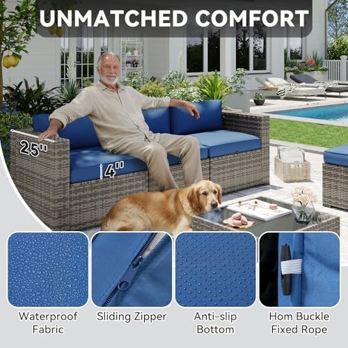 Aoxun Patio Furniture Sets, 14-Piece Outdoor Patio Furniture with 44'' Propane Gas Firepit Table, Wicker Outdoor Conversation Set Sectional Sofa for Backyard, Poolside, Garden