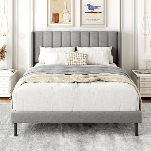Gruwans Full Size Bed Frame with Upholstered Wingback Headboard, Easy Assemnly Platform Bed, Wooden Slat Support No Box Spring Needed, Light Gray