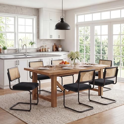 Zesthouse Natural Rattan Dining Chairs Set of 2, Modern Dining Room Chairs with Solid Wood Back for Kitchen Living Room, Mid Century Breuer Design Inspired, Upholstered Velvet Fabric, Black