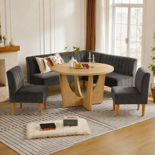Round Dining Table Set with Loveseat & Chairs, 47 Inch Farmhouse 5-Piece Round Table Setting for 4 to 6, Wood Circle Table and Chairs Set for Kitchen,Breakfast Nook, Indoor Conversational Seating