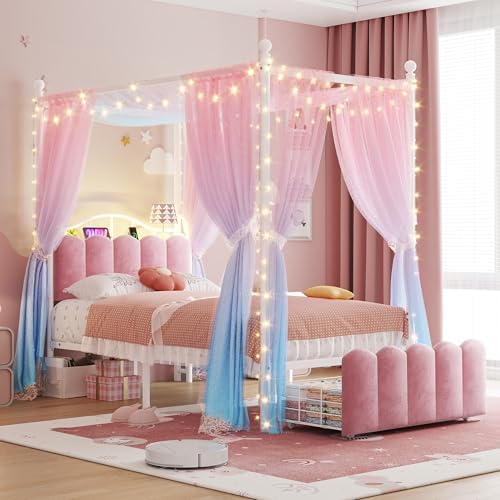 Homkdom Twin Canopy Bed Frame with Drawers and LED Lights & Charging,Pink