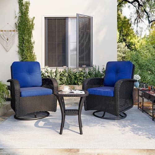 Aoxun 3 Pieces Patio Furniture Set, Patio Swivel Rocker Chairs Set of 2, Wicker Outdoor Bistro Set with Rocking Chair, Thickened Cushions and Table for Porch (Navy Blue)