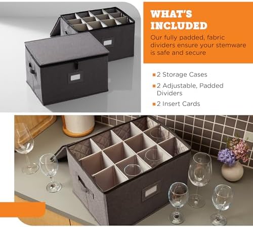 storageLAB Wine Glass Storage Cases | Hard Shell Felt Dividers | 2 Pack