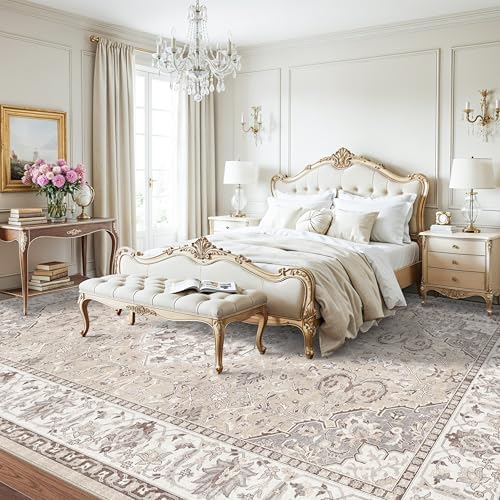 Living Room 12x12 Square Area Rug: Stain Resistant Washable Beige Vintage Rug Low-Pile Soft Floor Carpet for Bedroom Playroom Indoor Non Slip Boho Home Decor Mat for Office Dining Room(12x12，Beige)