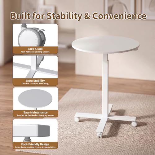 Adjustable Bar Table, 23.6" Round with Gas Spring Height Adjustment (28.3"-42.5"), Rolling Cocktail Table with Lockable Casters, Modern Bistro Table for Kitchen, Home Bar & Small Spaces