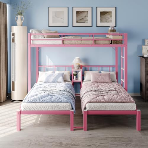 Bonnlo Metal Triple Bunk Bed Twin Over Twin Over Twin,3 Bunk Beds with Shelves for Kids,Teens and Adults, Detachable 3 Person Bed, No Box Spring Needed,Pink
