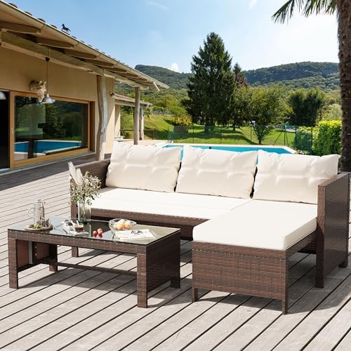 Shintenchi 3 Pieces Outdoor Patio Furniture Set, Wicker Patio Conversation Set, All Weather Wicker Rattan Patio Seating Sofas with Glass Coffee Table and Cushion, Beige