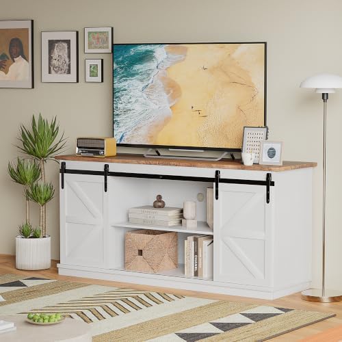 JUMMICO TV Stand for 65 Inch TV, Sliding Barn Doors, White