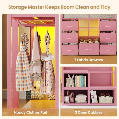 BTHFST Low Loft Bed Twin Size with Stairs,LED Lights,7 Large Drawers, Pink