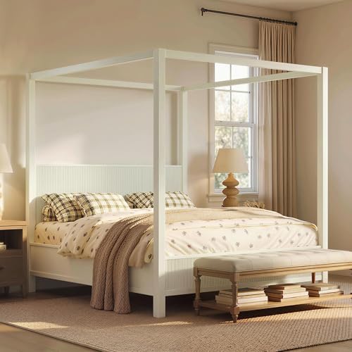 King Size Wood Canopy Bed Frame, Beige Vintage Four-Posters Platform Bed Frames with Headboard, 10-Slat Support Wooden Post Beds, 6" Under Bed Storage, Easy Assembly (Beige, King, 75.5"H)