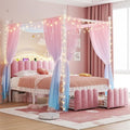 Homkdom Full Canopy Bed Frame with 2 Drawers and LED & Charging,Pink