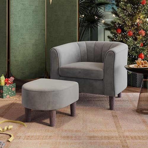 LINSY Accent Chair with Ottoman, Modern Armchair Comfy Barrel Reading Chair with Footrest for Living Room Bedroom Reading Room, Velvet, Light Grey