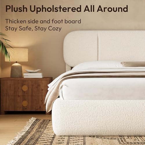 Full Size Cloud Bed Frame with LED & 4 Drawers, Beige