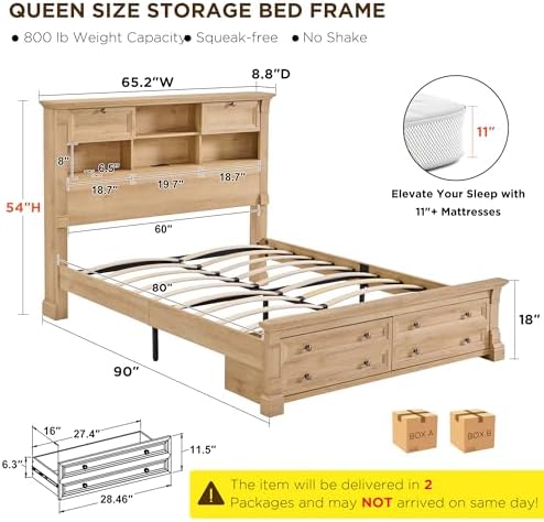 T4TREAM Farmhouse Queen Size Bed Frame with 54" Tall Storage Bookcase Headboard, 18" Roman Column Decoration Footboard,2 Drawer & 4 Storage Rack, Oak