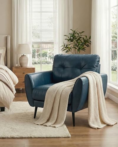 Blue Leather Accent Chair, Tufted Reading Armchair for Living Room Office
