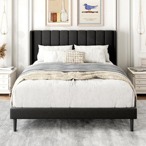 Gruwans Full Size Bed Frame with Upholstered Wingback Headboard, Easy Assemnly Platform Bed, Wooden Slat Support No Box Spring Needed, Dark Gray
