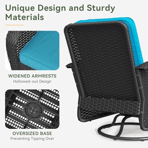 Aoxun 3 Pieces Patio Furniture Set, Patio Swivel Rocker Chairs Set of 2, Wicker Outdoor Bistro Set with Rocking Chair, Thickened Cushions and Table for Porch (Peacock Blue)