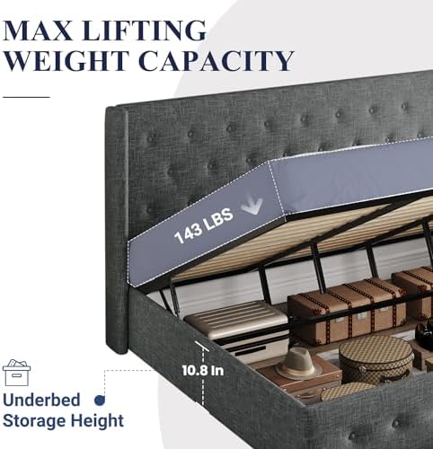 Allewie King Size Lift Up Storage Button-Tufted Bed Frame Dark Grey
