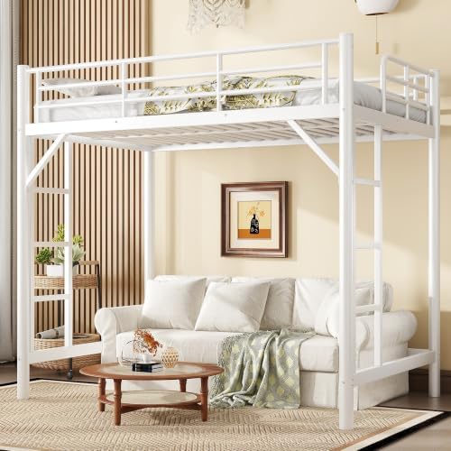 Bellemave Twin Loft Bed, Metal Round Pipe, Dual Ladders, Save Space, White