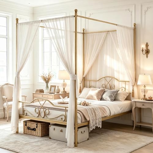 Queen Canopy Bed Frame with 4 Posters, Queen Size Bed for Girls Adults