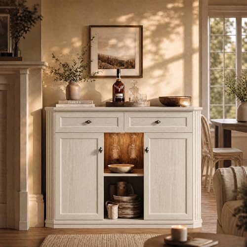 White Coffee Bar with 2 Drawers & 2 Doors, LED Wine Bar Cabinet with Wine Glasses, Coffee Station with Built-in Outlets, Buffet Cabinet Sideboard with Extra Storage for Living Room Kitchen Entryway