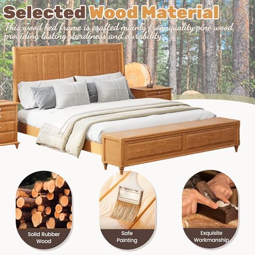 King Bed Frame with 53" Tall Headboard and Storage Bench, Solid Wood King Size Platform Bed with 64" Footboard Storage Chest,Heavy Duty Slats System,No Box Spring Needed, Natural
