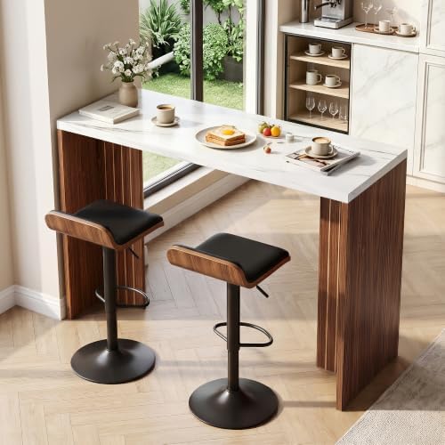 Miereirl 55" Bar Table, Marble Bar Height Table, 36.4" High Pub Table with Thick Tabletop, Narrow Entryway Table Sofa Table, Counter Height Dining Table for Living Room, Kitchen(White and Walnut