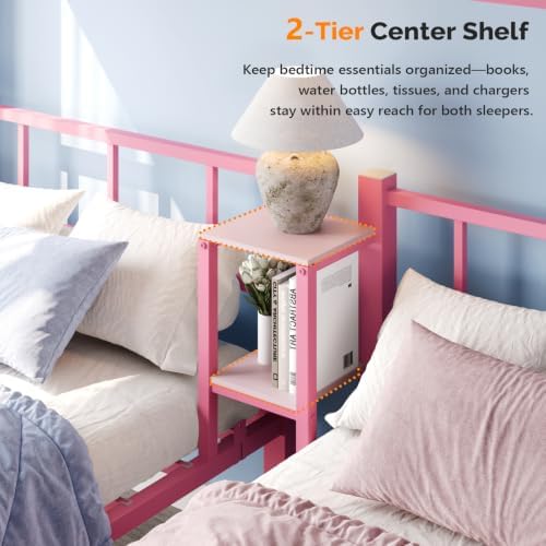 Bonnlo Metal Triple Bunk Bed Twin Over Twin Over Twin,3 Bunk Beds with Shelves for Kids,Teens and Adults, Detachable 3 Person Bed, No Box Spring Needed,Pink