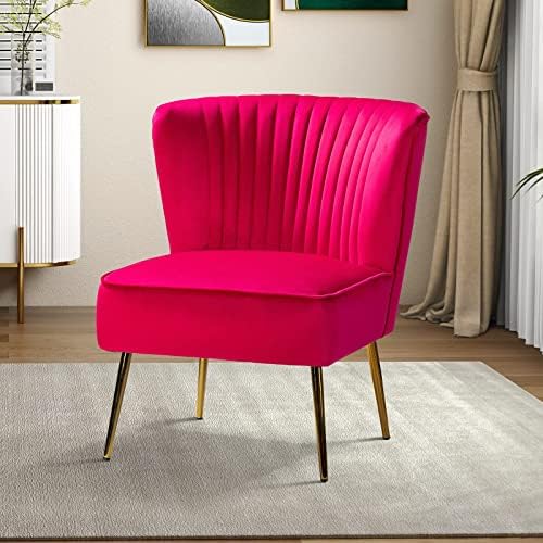 HULALA HOME Velvet Accent Chair, Modern Upholstered Cute Side Chair with Gold Metal Legs, Armless Wingback Slipper Chair Comfy Living Room Chair for Bedroom Guest Room Vanity,Fuchsia