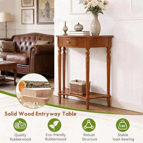 Half Moon Console Table Solid Wood Vintage Entryway Table with Storage Drawer Small Hallway Table for Entryway Half Round Foyer Tables Walnut Entry Way Tables For Entrance (Cherry, W-23.6")