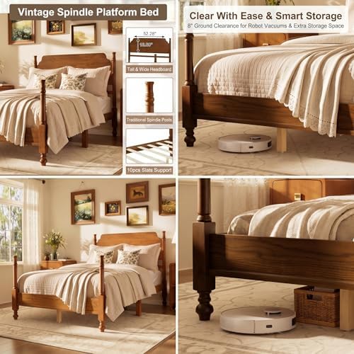 Vintage Wood Full Bed Frame, Traditional Spindle Platform Bed with Tall Headboard, Light Walnut Antique Style 4-Poster Design, Under Bed Storage, No Box Spring Needed