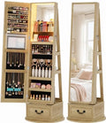 Vlsrka Mirror Jewelry Cabinet Standing with Lights, Lockable, Swivel, Wood | Standing Jewelry Armoire with Full Length Mirror, Large Jewelry Organizer Storage with Foldable Makeup Shelf, 3 LED Lights