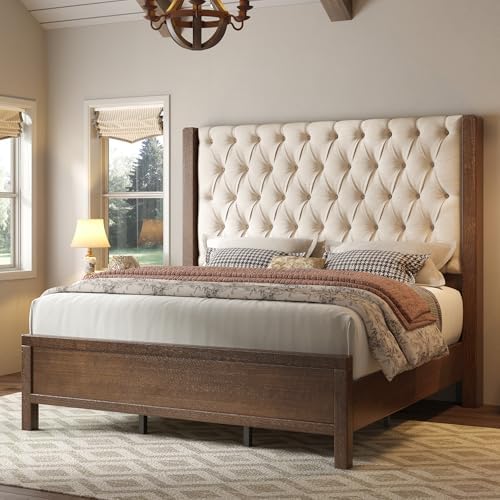 Jocisland King Size Solid Wood Bed Frame,57" Wingback Headboard,Walnut