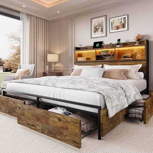 LARMACE King Size Bed Frame with 6 Storage Drawers and Headboard Wooden Platform Bed Frame with LED Lights and Charging Station Easy Assembly/No Box Spring Needed/Vintage Brown