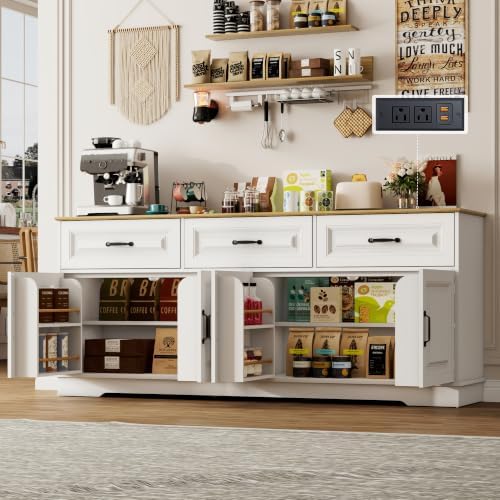 70” Large Sideboard Buffet Cabinet w/4 Doors,3 Drawers,Farmhouse Modern Kitchen Sideboard Cabinet w/8 Door Shelves,Wooden Coffee Bar Cabinets, Long Kitchen Buffet Table,Credenza for Dining Room,White