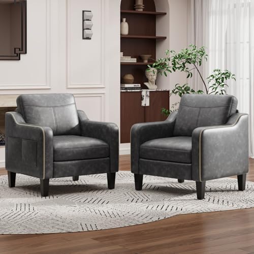MALOL PU Leather Accent Chair Set of 2 with Solid Wood Frame, Black