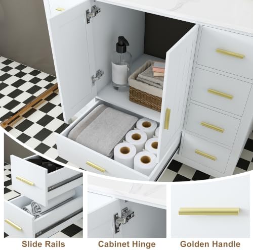 Montary 42" Bathroom Vanity with Sink & 43" Carrara White Quartz Top with 3 Pre-Drilled Faucet Holes, Solid Wood Cabinet, Soft-Close Double Doors & 9 Smooth-Glide Drawers,White