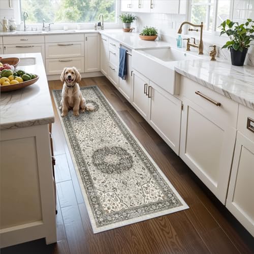 Hallway 2x6 Washable Runner Rug: Oriental Stain Resistant Kitchen Entryway Rugs Farmhouse Ultra Soft Bathroom Bedroom Print Floor Mat Thin Non Slip Indoor Carpet for Living Room Laudry (2 X 6, Grey)