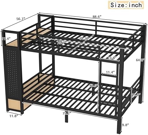Bellemave Full Over Full Size Metal Bunk Bed with Storage Shelves and Drawers, Heavy Duty Bunk Beds with Clothes Hooks for Adults, Teens, Kids, Black