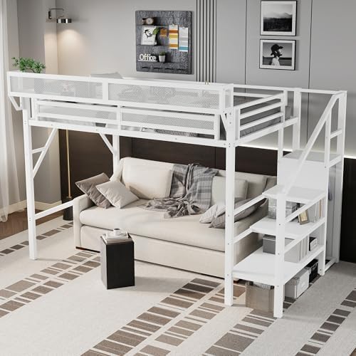 KEIKI Twin XL Size Metal Loft Bed Frame with Convertible Staircase, Built-in Storage Shelves & Wardrobe, Loft Bed with Solid Slat & Guardrail, No Box Spring Required, Easy Assembly, for Bedroom, White