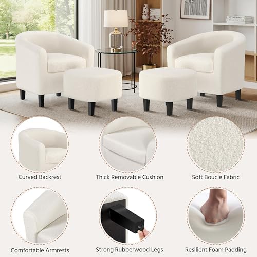 Yaheetech Accent Chairs with Ottoman Set of 2, Boucle Fabric, Ivory