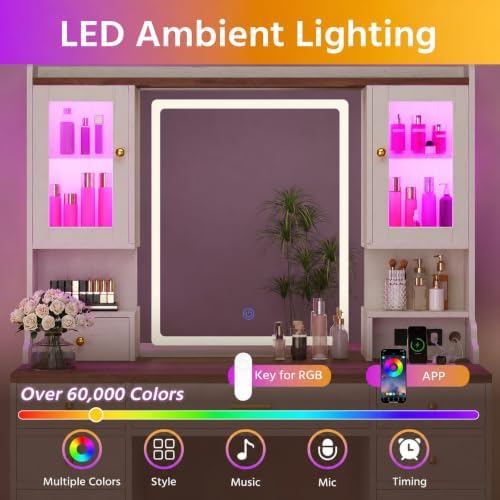 CSZZD Farmhouse Makeup Vanity Desk with Lighted Mirror and RGB Cabinets | Large Vanity Table with Type-C & USB Charging Station, Adjustable 3 Mode Lights Vanity Desk with 6 Drawers & Storage Shelves