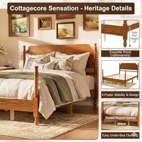 Vintage Wood Queen Bed Frame with Tall Headboard, Traditional Spindle 4-Poster Platform Bed, Light Walnut Antique Style, Under Bed Storage, No Box Spring Needed