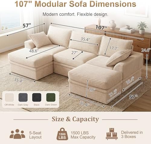 Modular Sectional Couch for Living Room, Corduroy 5-Seat U Shaped Upgraded Boneless Couch with Storage & 2 Ottomans, Throw Pillows, Memory Foam Sofa,Deep Seat,Compressed Box,No Assembly (107"-Beige)