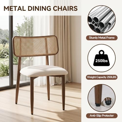 UVV Dining Chairs Set of 6, Metal Kitchen Chairs with Modern Fabric Upholstered for Dining Room, Beige Rattan