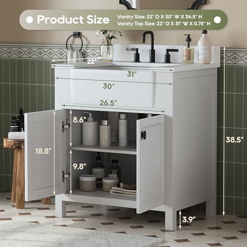 30 Inch Bathroom Vanity with Apron Farm Sink, White | Solid Wood Fully Assembled Bathroom Sink Cabinet, Farmhouse Single Sink Bathroom Vanity with Soft Close Doors, Stone Top