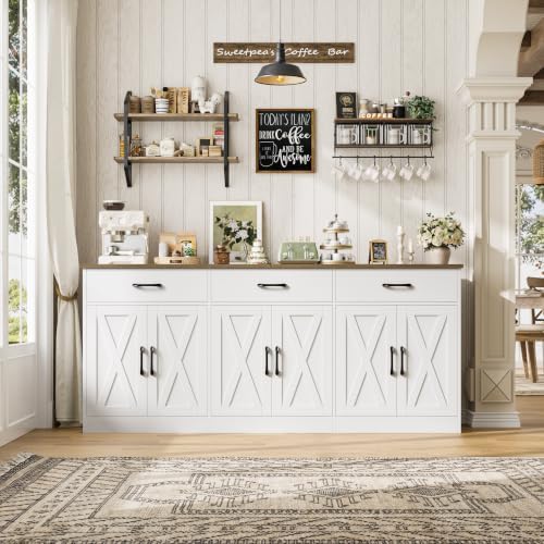 HOSTACK 71"W Farmhouse Kitchen Sideboard Buffet Cabinet with Storage, White
