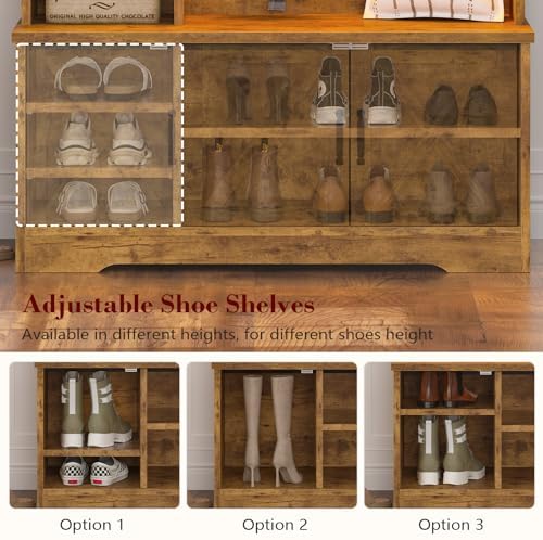 CSZZD Hall Tree with Bench and Shoe Storage, Farmhouse Entryway Bench with Coat Racks and Led Lights, Tall Hall Tree with 7 Coat Hooks, 6 Storage Cubbies, Adjustable Shelf, Rustic