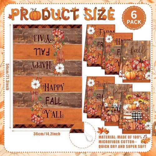 Redbaker 6 Pcs Fall Kitchen Towels, Dark Pumpkin Funny Dish Towel, Autumn Absorbent Farmhouse Decorative Fast Drying Tea Dishcloth with Hanging Loop for Kitchen Bathroom Home Housewarming Gift