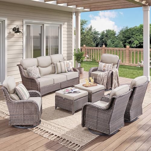 Luxury 7 Pieces Outdoor Patio Furniture Set-All Weather Wicker Outdoor Furniture with Swivel Rocker Patio Chairs 6-inch Extra Thick Cushions Wicker Conversation Set for Garden Porch(Brown/Beige)